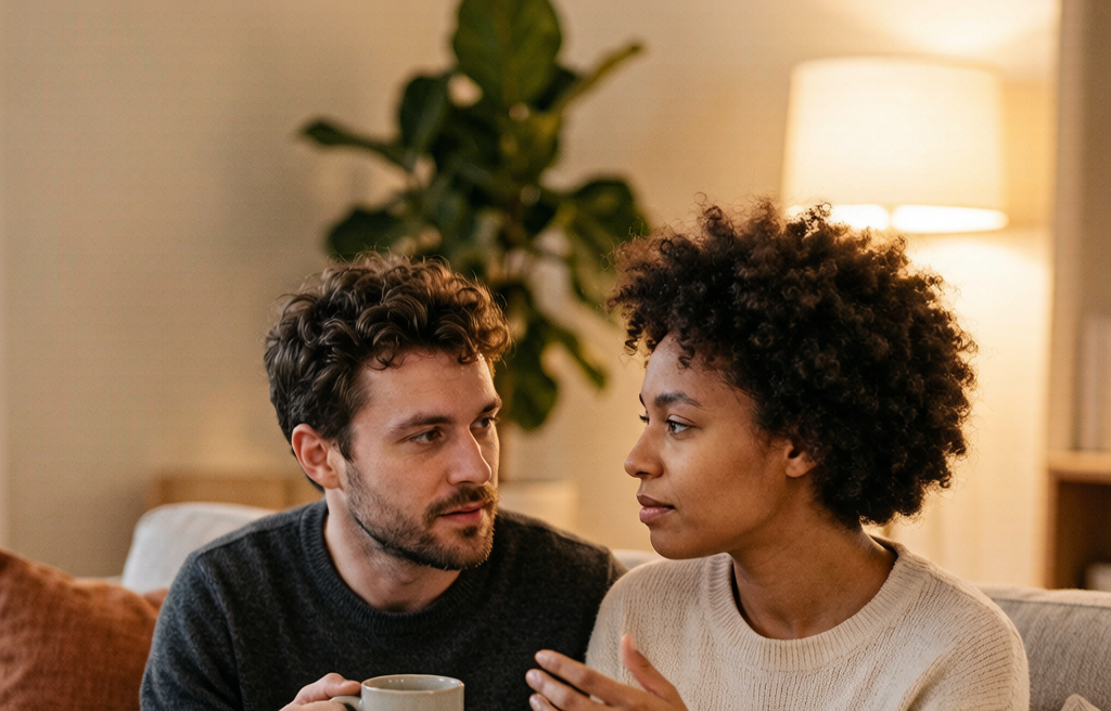 Couple relaxing at kitchen table without phones, representing the 'phones in a basket' rule