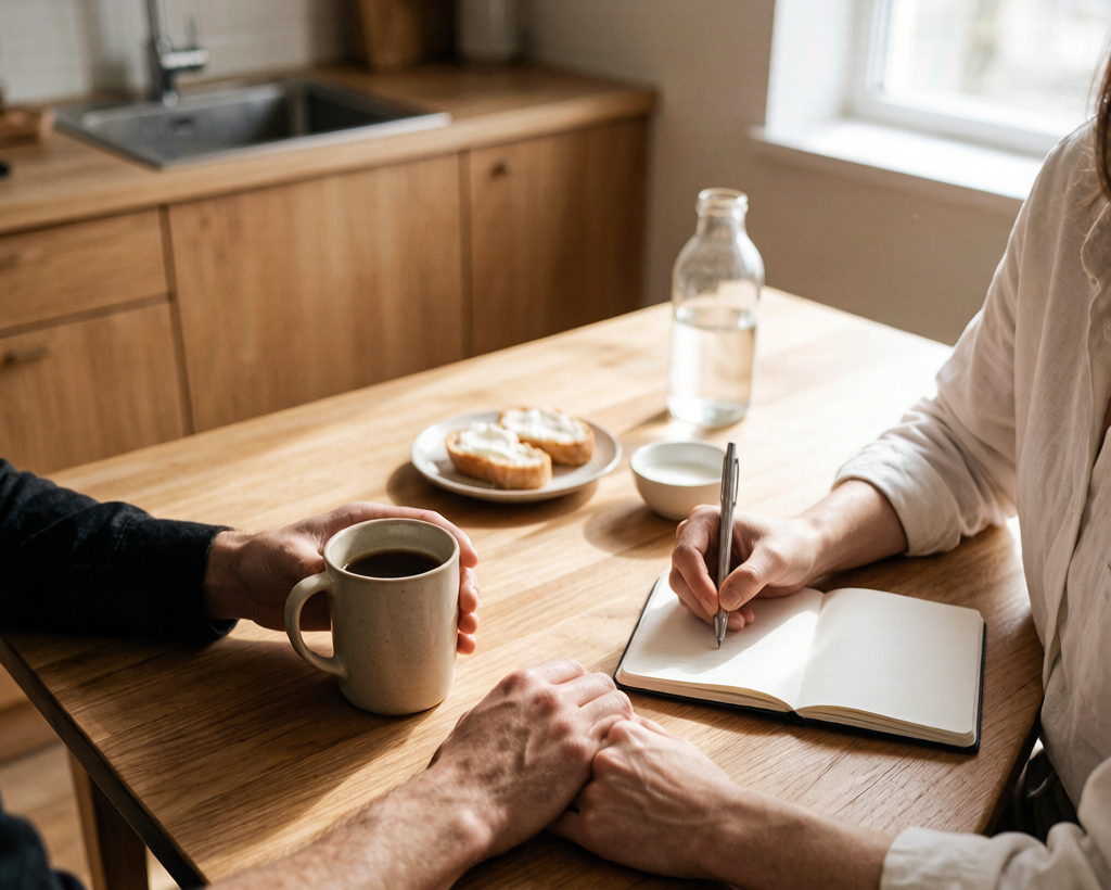Couple sitting side by side having a peaceful, productive conversation