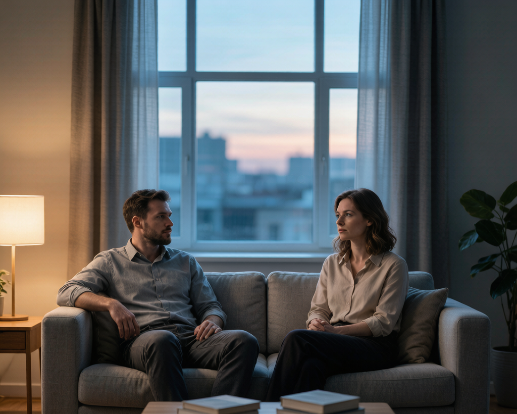 Couple sitting apart on sofa representing cold war silence